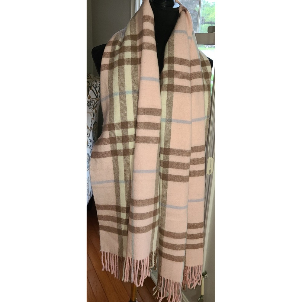Pink & Tan Plaid Knit Scarf Winter Warm Scarf Fringe Women's